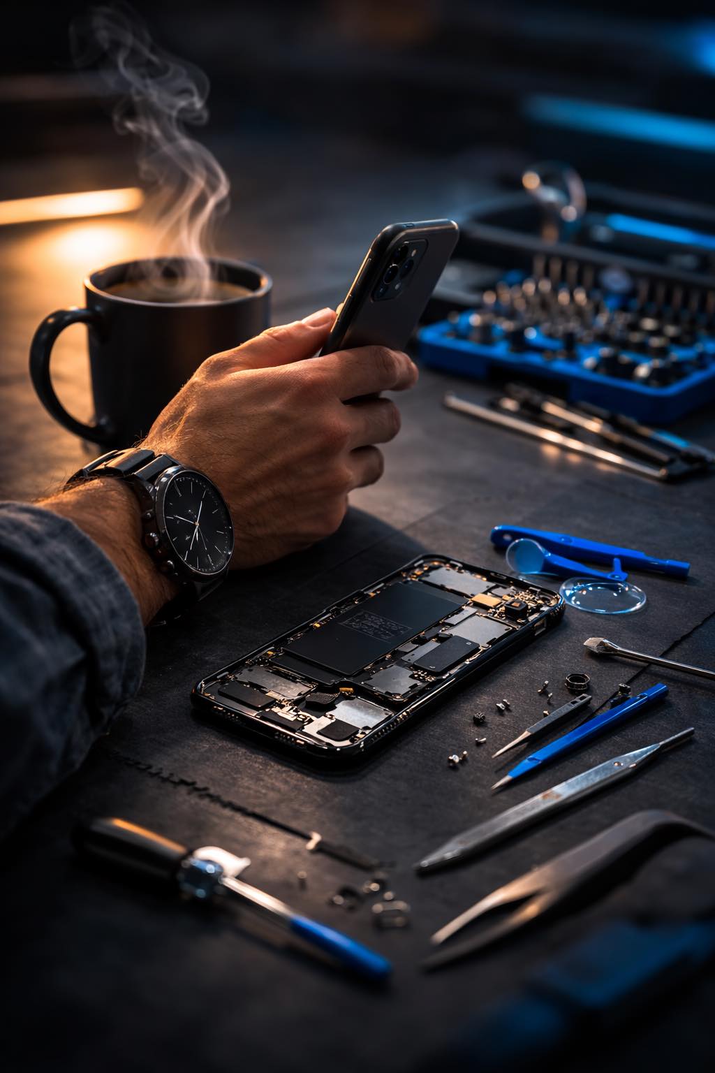 Telefon z mocno uszkodzonym ekranem przed naprawą